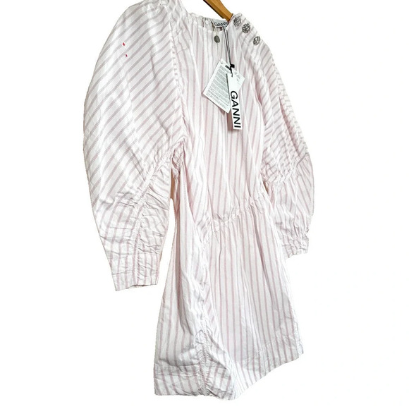 Ganni Stripe Long Puff Sleeve Cotton Mini Dress Cherry Blossom size 38/M/6 - Picture 5 of 16